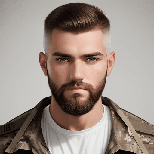 AI generated: Photograph, man, model, minimalist millitary, brown cut hair, beard, gaze, solid white environment, ...