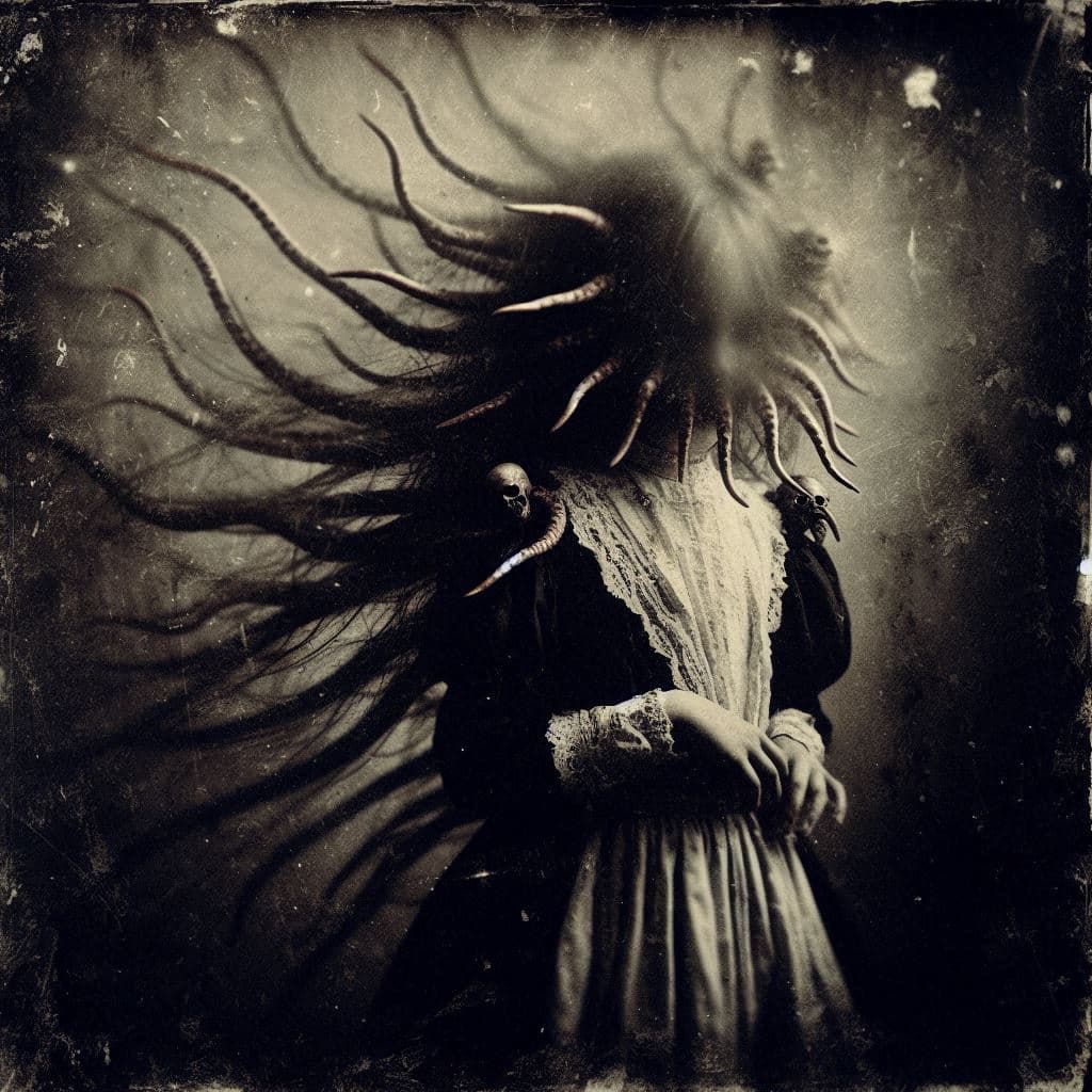 AI generated: 1920-s,Lovecraftian,macabre,young girl,tentacle horror,sepia,grain