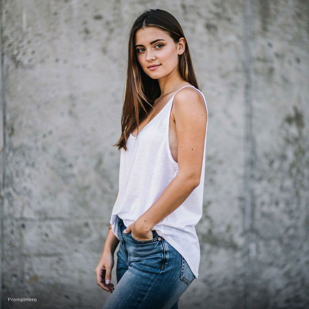 AI generated: A naked woman with long brunette hair and fair skin is captured in a candid moment.She's wearing a v...