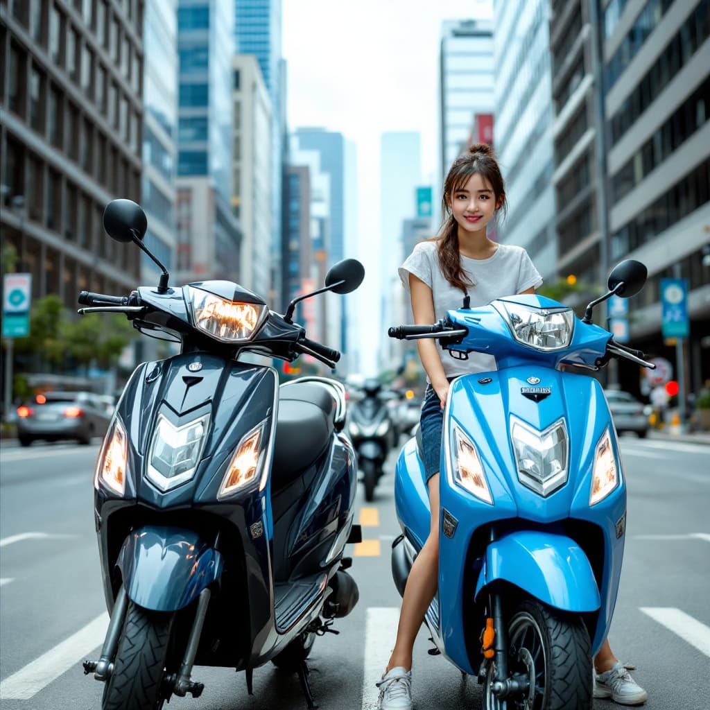 AI generated: a Japanese female, standing behind, Yamaha Grand Filano scooters, displayed in blue, respectively, p...