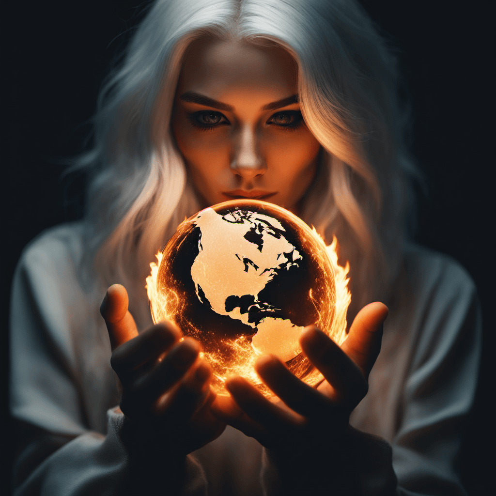 AI generated: beautiful woman, white eyes, unnatural pale skin, white hair, holding the world on fire in the palm ...