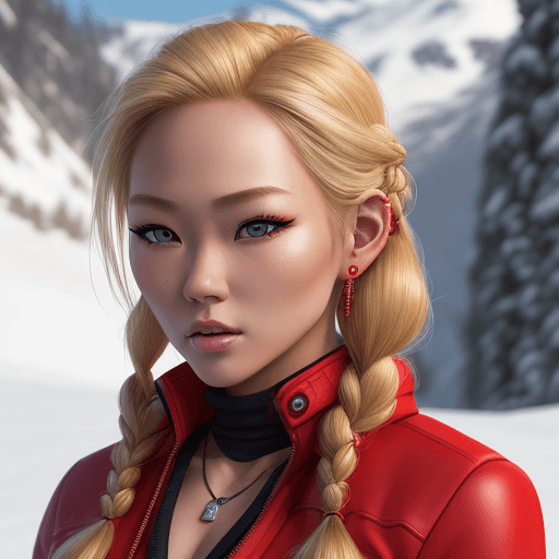 AI generated: Skiing Asian blond beauty, with braided hair. nude, ultra realistic highly detailed face, beautiful,...