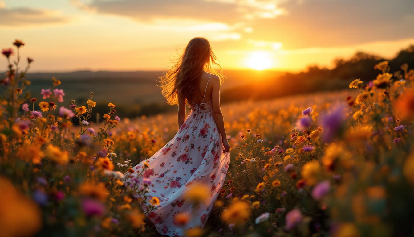 AI generated: A serene sunset scene where a woman stands gracefully in a flowing floral dress, her back to the vie...