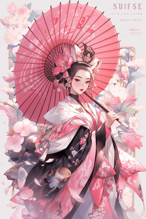 AI generated: An elegant geisha in blossoming pink traditional Japanese kimono, silver accessories, graceful stanc...
