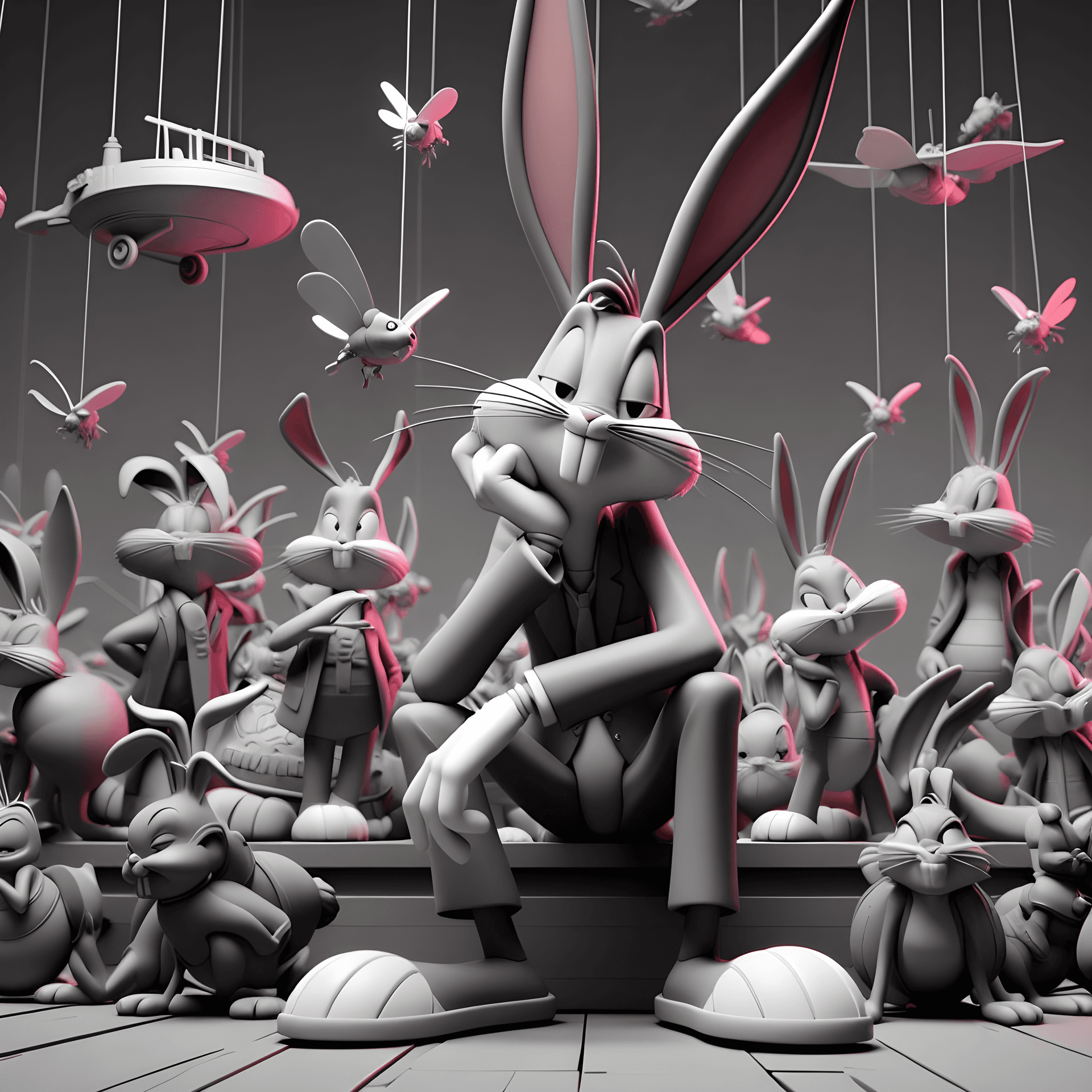 AI generated: Bugs Bunny, 3D computer graphics, digital animation, contemporary era, primarily grayscale palette w...