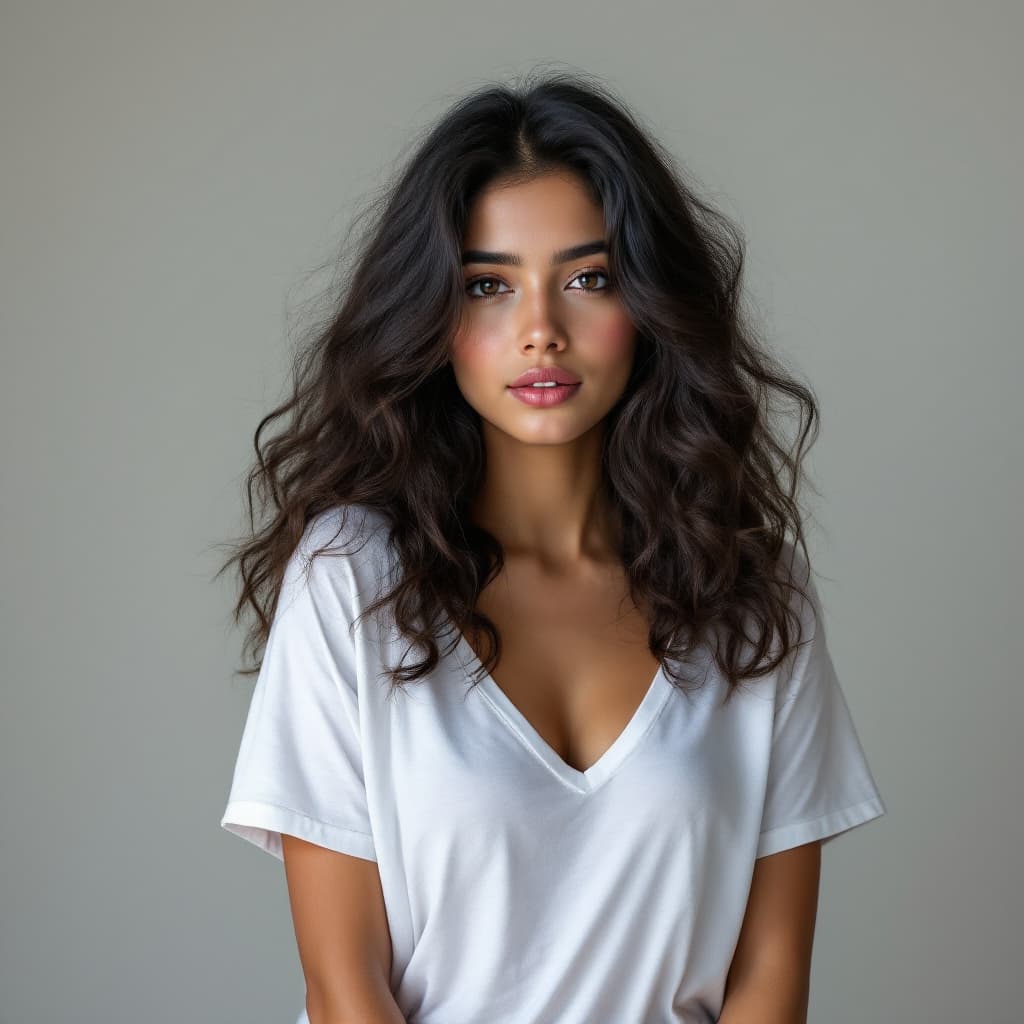 AI generated: photo of an indian girl with long curly hair wearing a v-neck t-shirt, kPop style, neutral backgroun...
