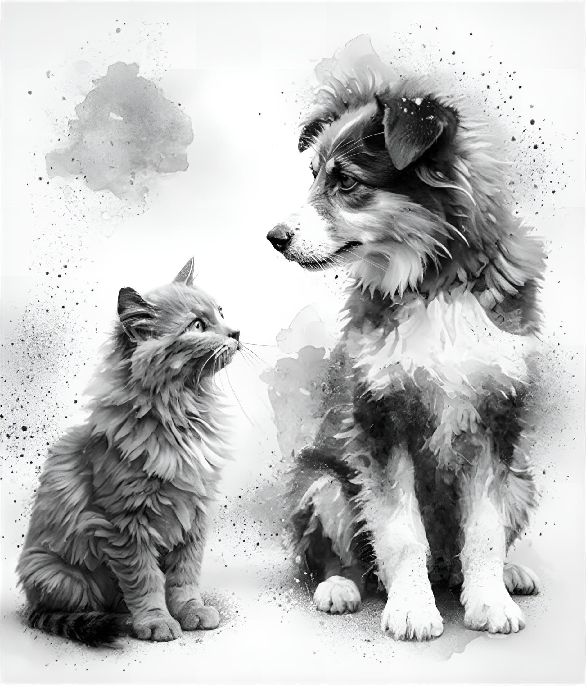 AI generated:  black and white illustration, a curious cat with its ears perked up is looking at a dog with an att...