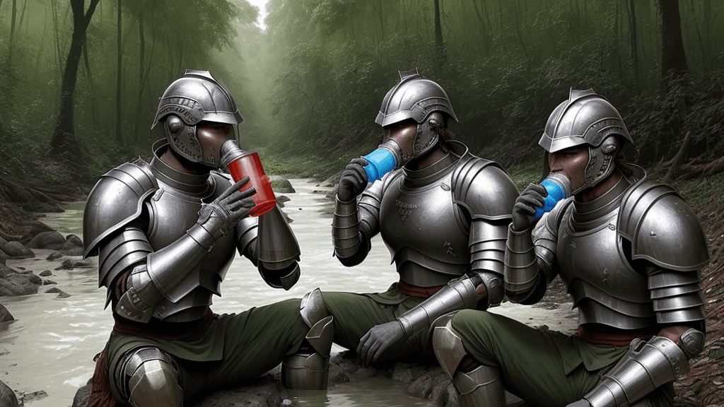 AI generated:  human male Armoured warriors with out helmets drinking water from the forest river 
