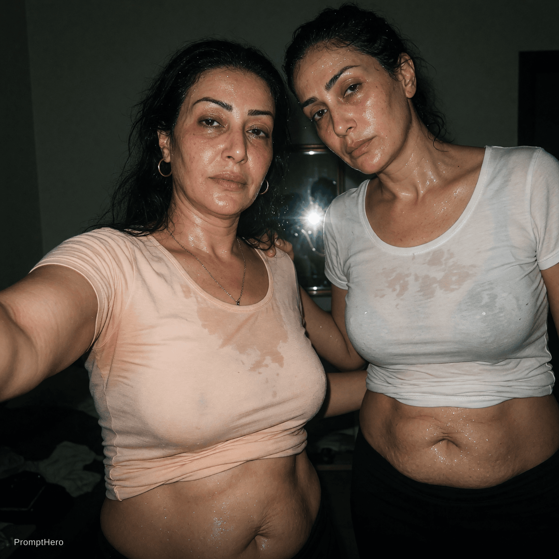 AI generated: Somaya El Khashab is taking a silent nighttime selfie wearing a light undershirt; she appears sweaty...