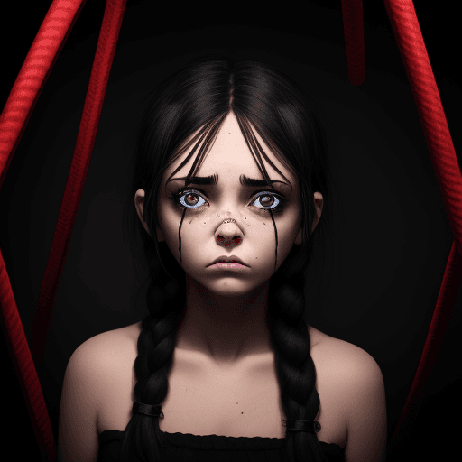 AI generated: Sad girl with black ropes in her eyes, black ropes coming out from her eyes