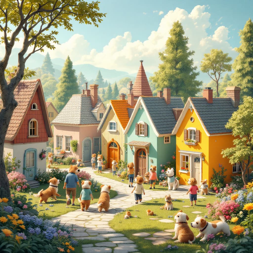 AI generated: A small village with houses shaped like 3D cubes, each one unique and colorful. The villagers are do...