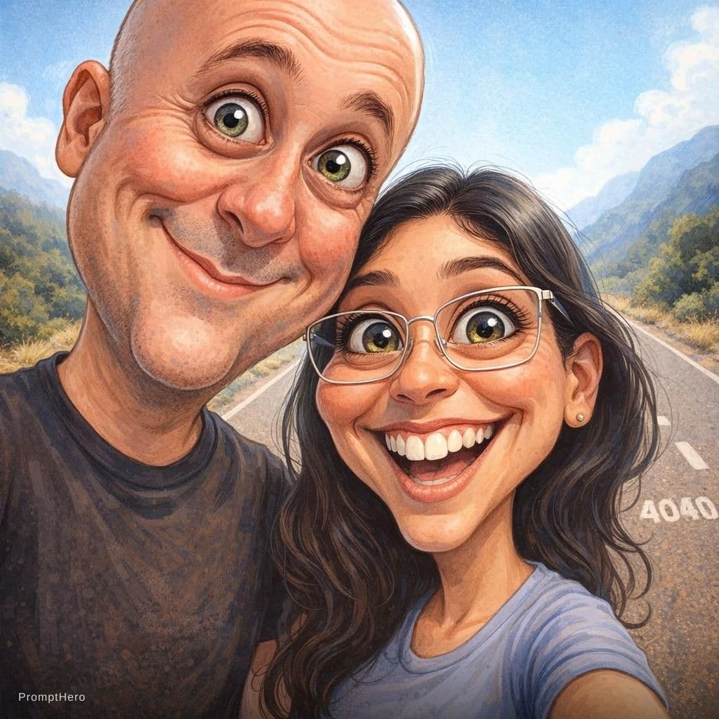 AI generated: funny caricature, adult man and woman (input Image), mid-30's, big cartoonish head, exaggerated cari...