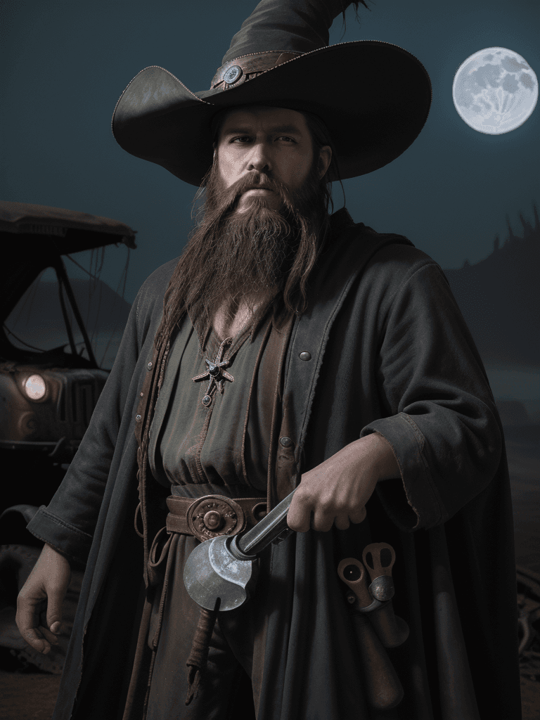 AI generated: cowboy shot, face-on, high quality, solo focus, (high detail:1. 1), dramatic lighting, dieselpunk wi...