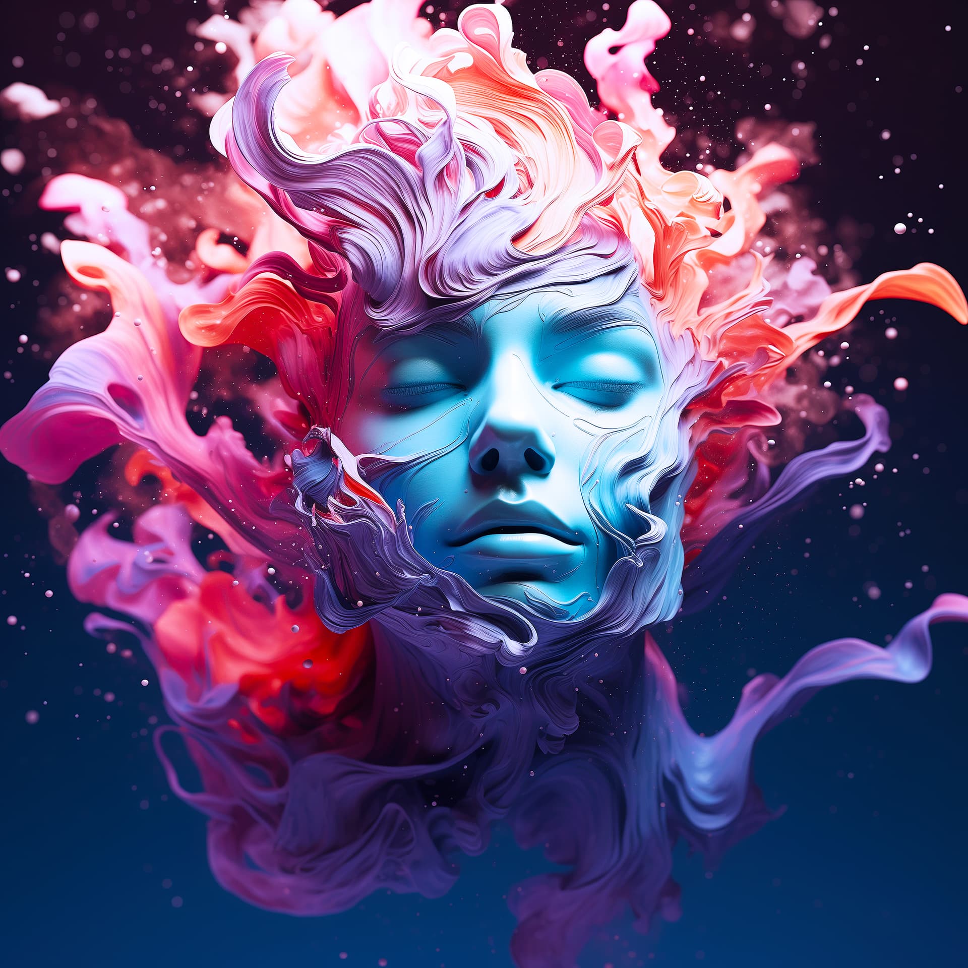 AI generated: alberto seveso art, floating head in space nebula, water ink, ink water, ink, cosmic space backgroun...