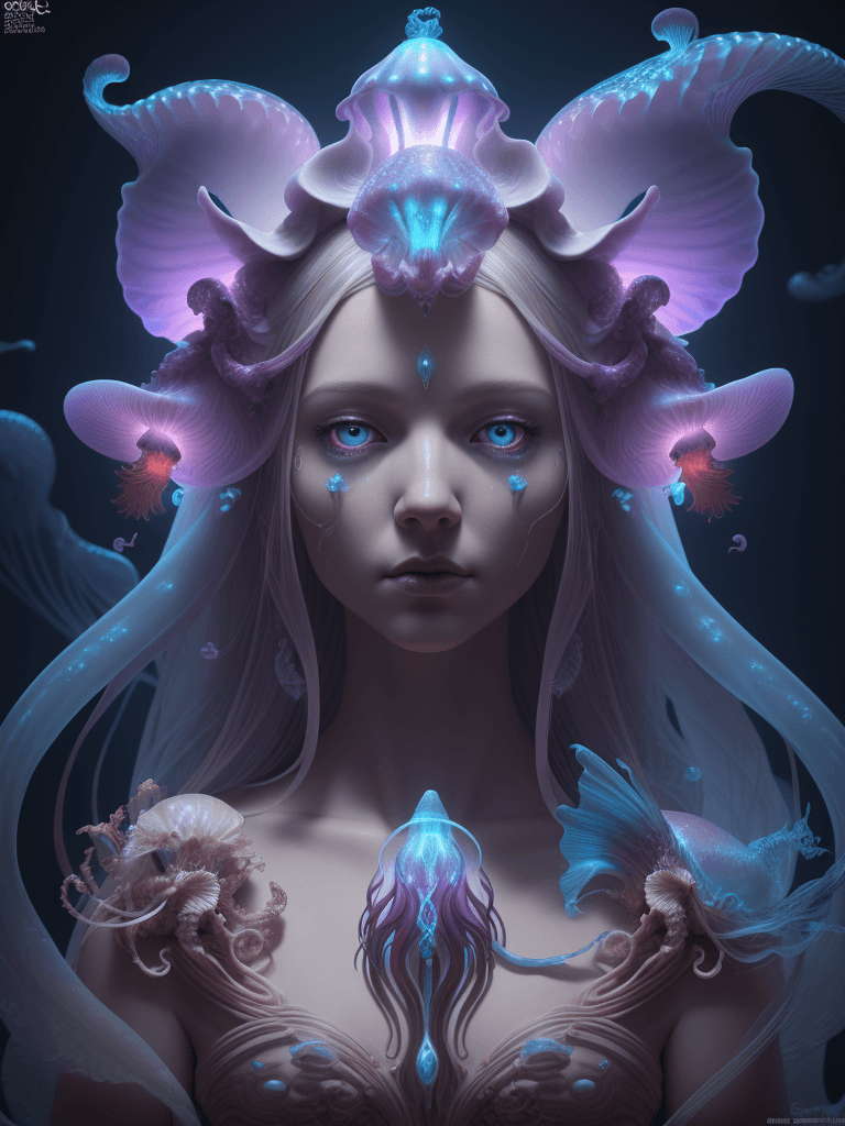 AI generated: Goddess close-up portrait ribcagel. jellyfish phoenix head, nautilus, orchid, skull, betta fish, bio...