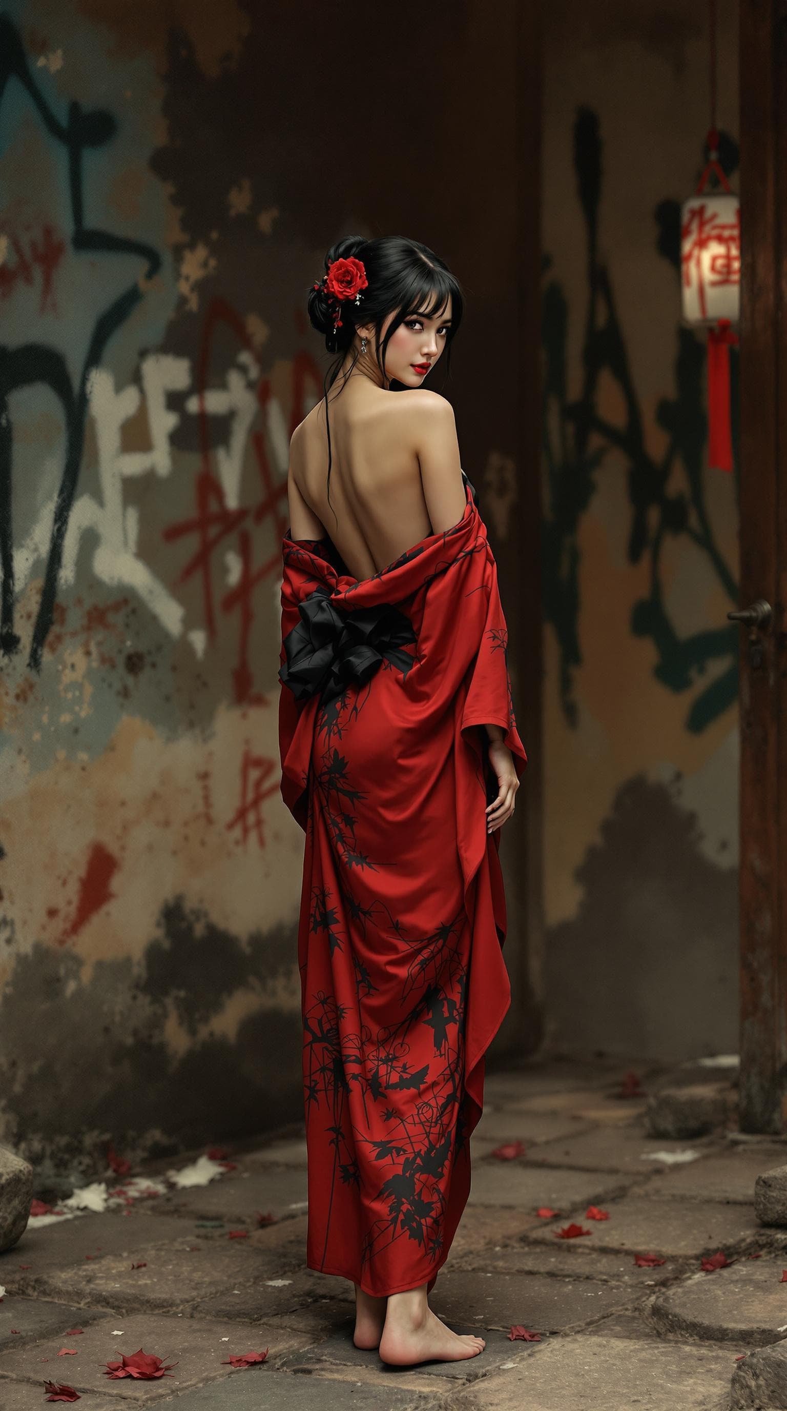 AI generated: Full body view An alluring Asian woman in a very short red and black kimono, partially slipping off ...