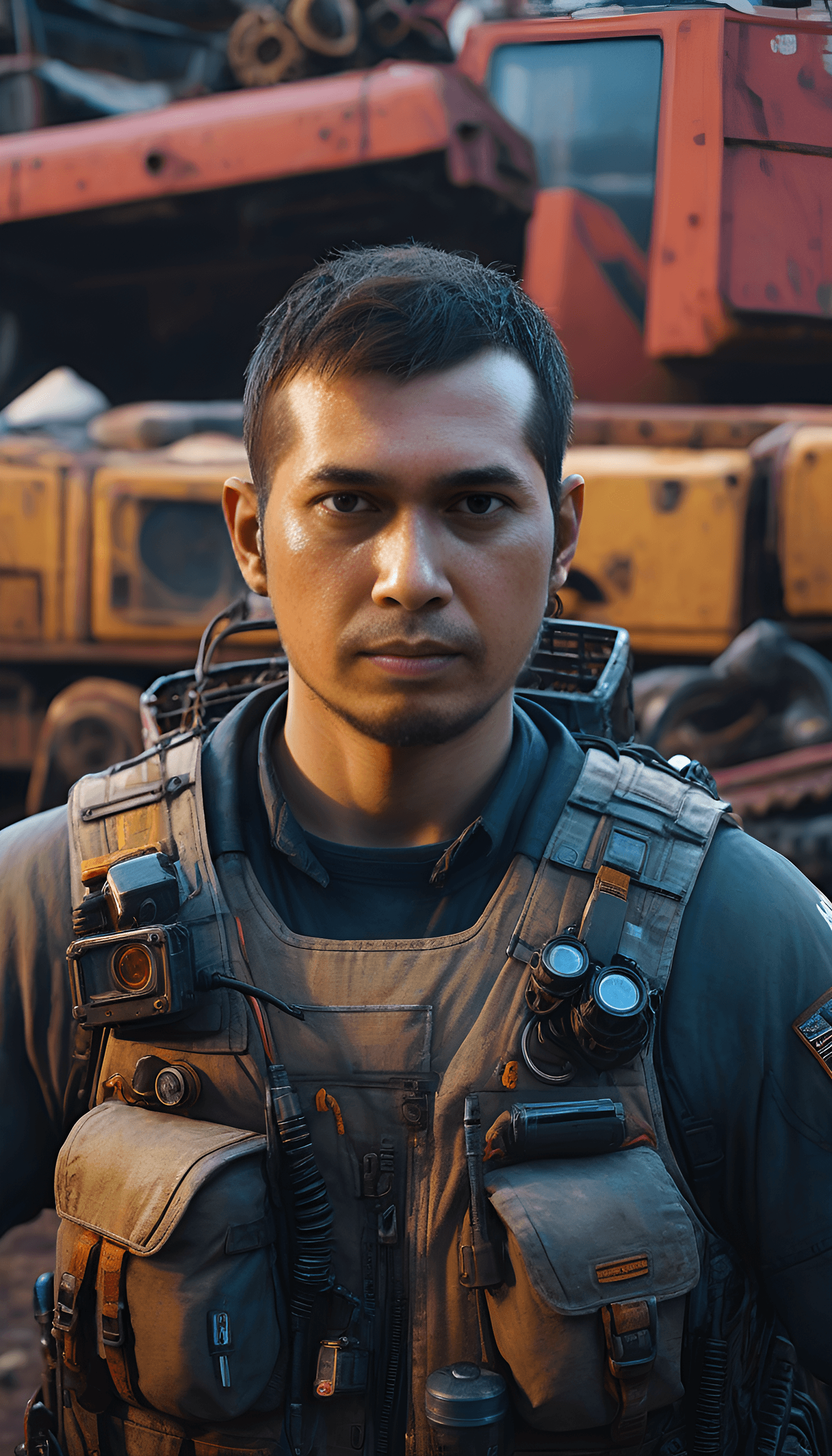 AI generated: a mid distance portrait of man wearing a survival outfit, lots of gear, Junkyard in the background, ...