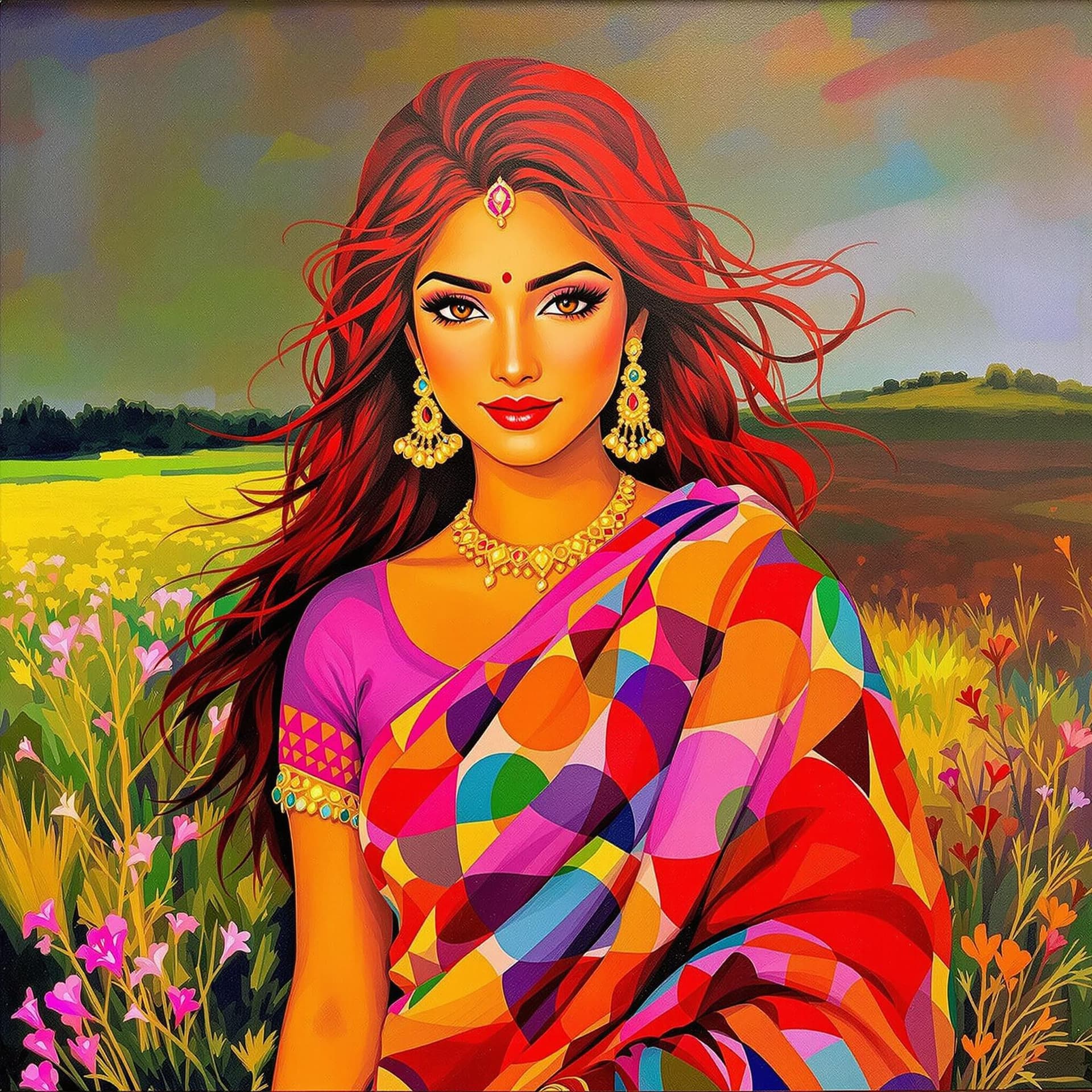 AI generated: The image features a painting of an Indian woman with red hair, wearing a colorful saree. She is sta...