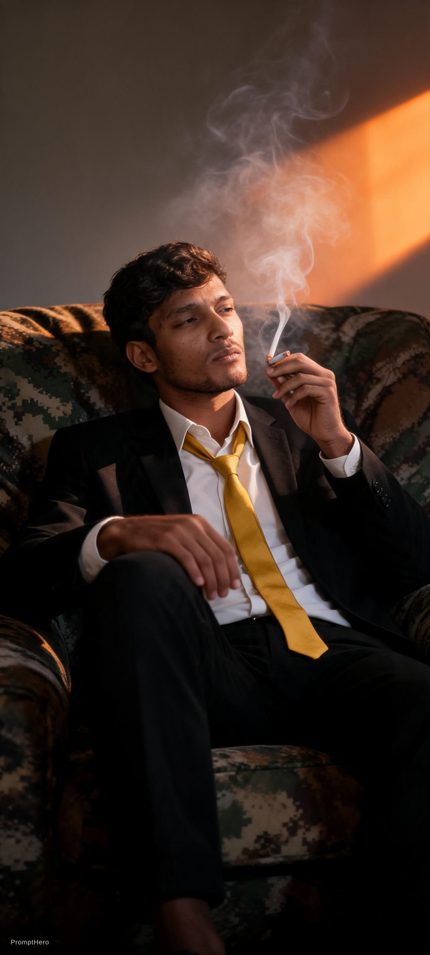 AI generated: photography, cover shoot, dimly lit room with a hazy atmosphere, capturing a professional male model...