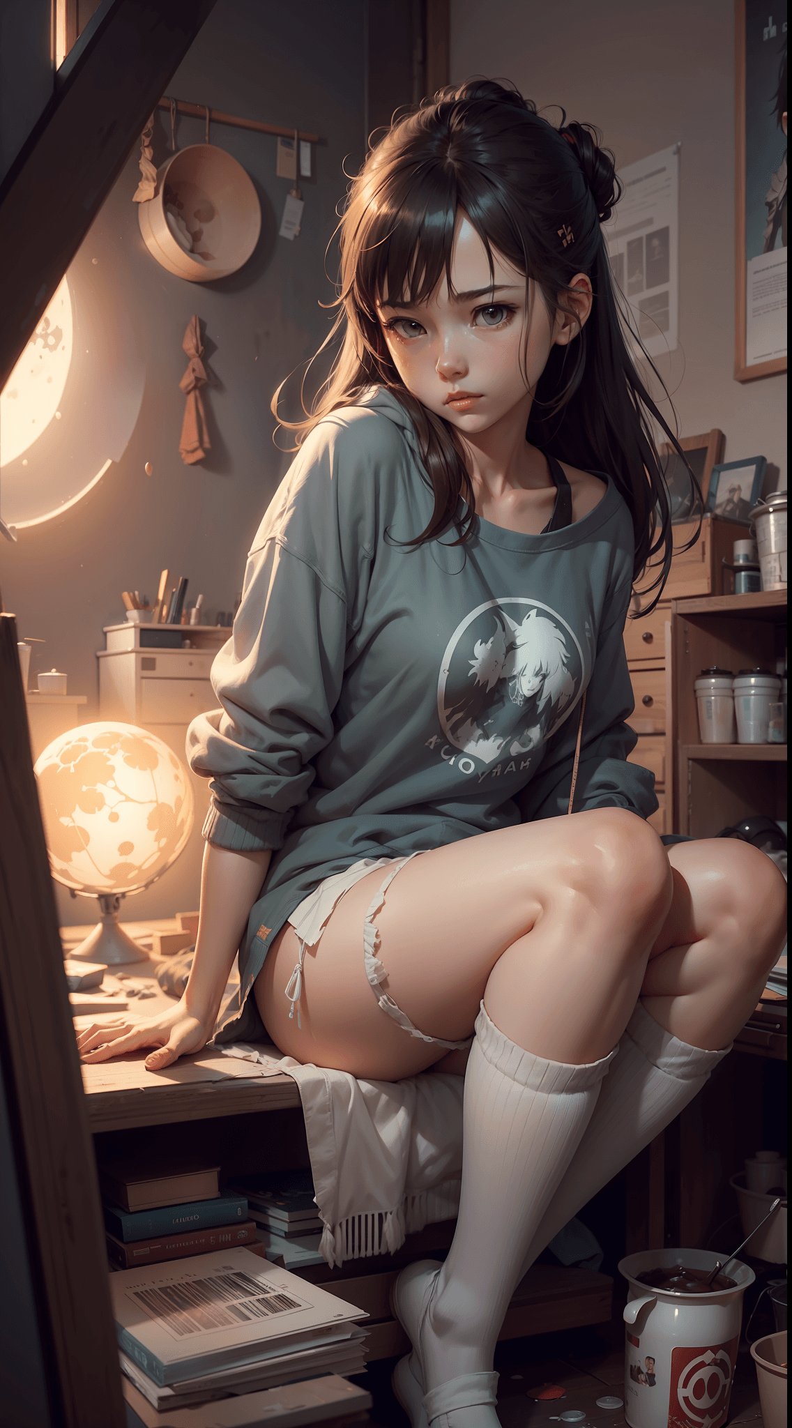AI generated: a girl, sitting in her messy room, in a room full of pots and trees, full moon in the background. by...