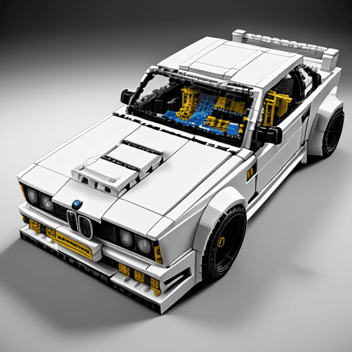 AI generated: A Lego car, a white bmw e30 in the garage, next to it stands a lego man in a white suit and a white ...