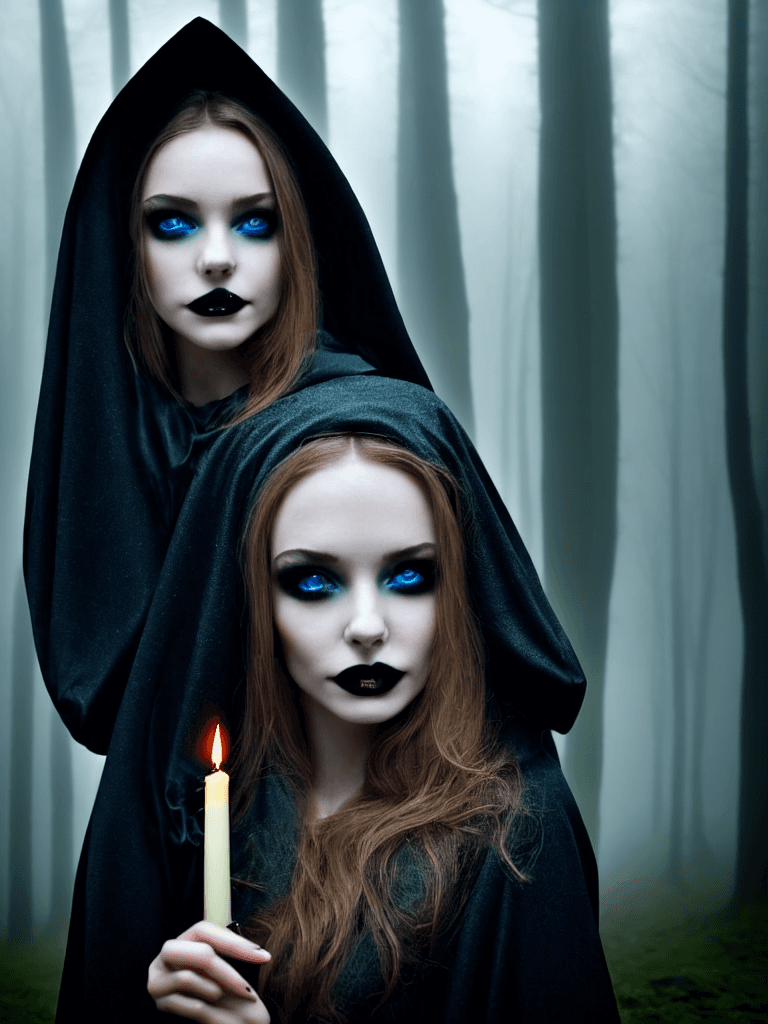 AI generated: close up portrait of an insanely stunning young witch holding a gigantic candelabra, black dress, ho...