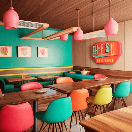 AI generated: Retro interior restaurant design, wood base elements, vibrant and fresh colors, mid-century modern f...