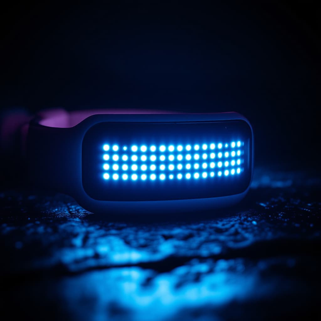 AI generated: led concert wrist band - that is lit up has a white display, showing lights