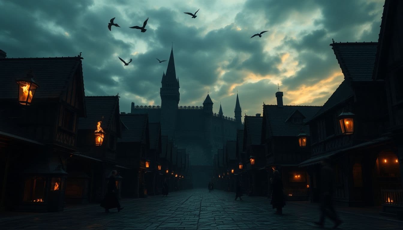 AI generated: a medieval fantasy scene with a wide-angle perspective, showcasing a dark and moody atmosphere. The ...