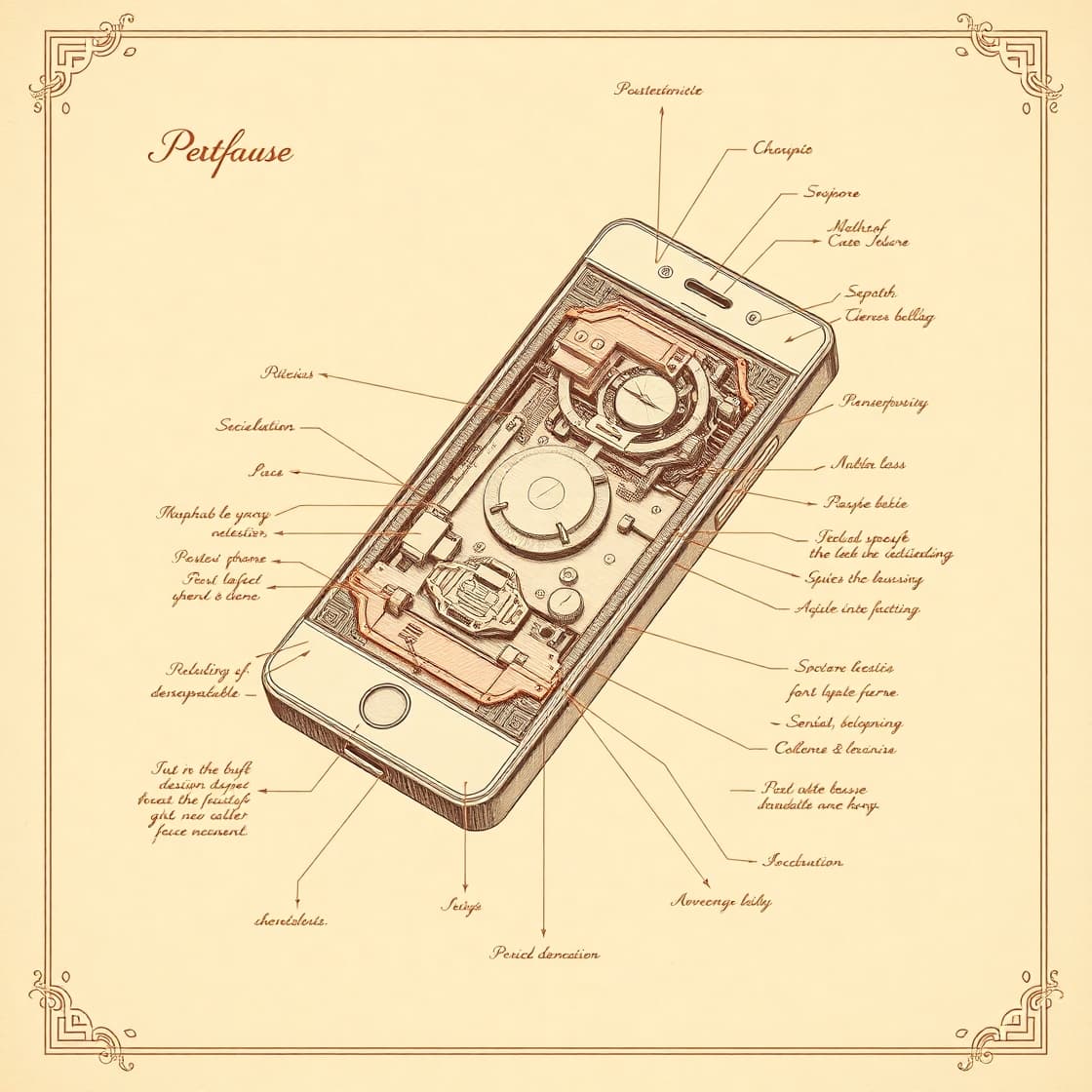 AI generated:  A detailed, vintage-inspired technical drawing of a mobile phone, reminiscent of early 20th-century...