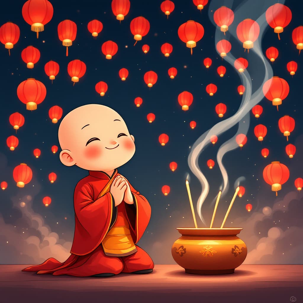AI generated: A cartoon of a cute little Chinese Taoist priest rendered in Japan, with his hands clasped together,...