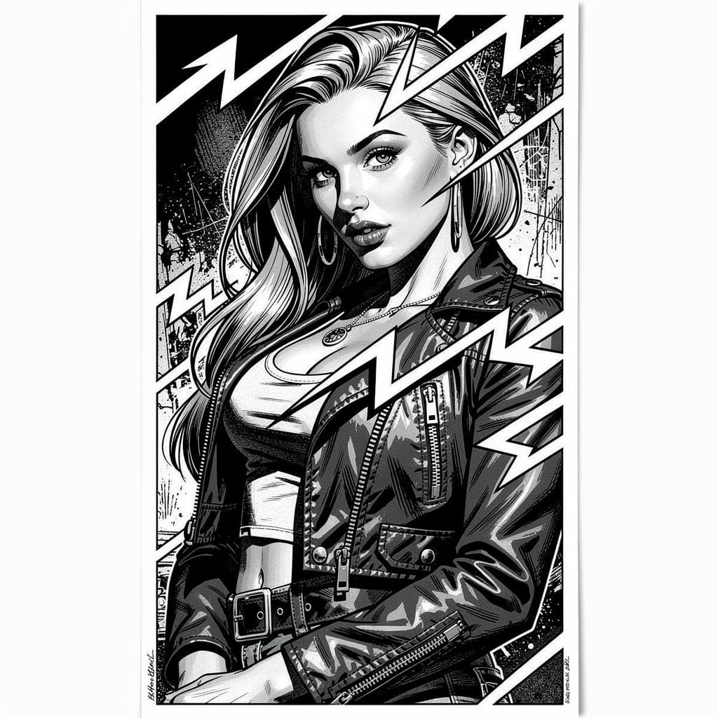 AI generated: a black and white drawing of a woman, in the style of pop art-inspired comic book style, martin ansi...