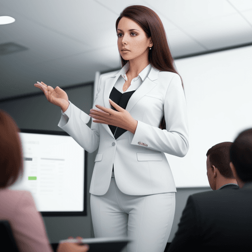 AI generated: A woman in a white business suit have a presentation