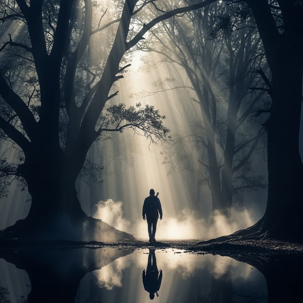 AI generated: A mesmerizing scene ((a traveler walking through misty woods)). Foggy Forests.  (The majestic mist a...