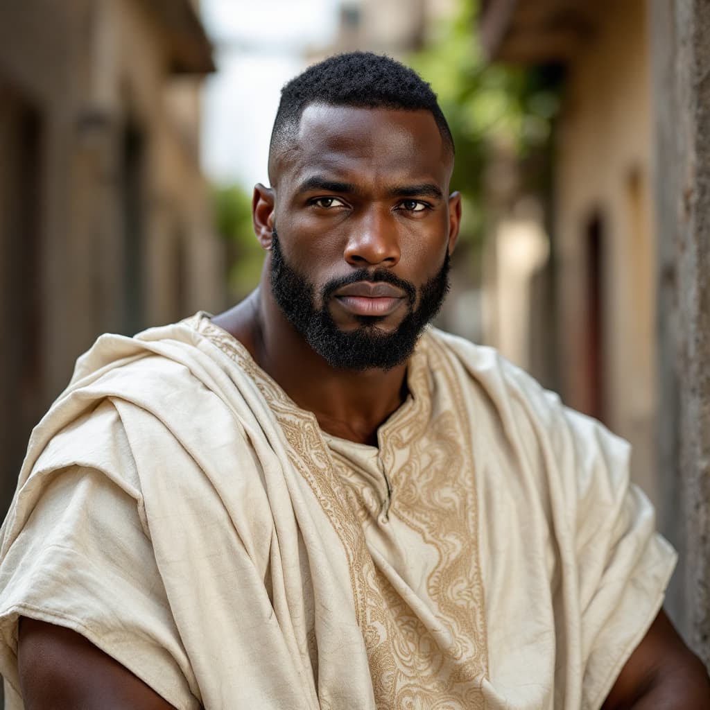 AI generated: muscular African man portraite shot in agbada nigerian outfit very fit wth big shouylders and biceps...