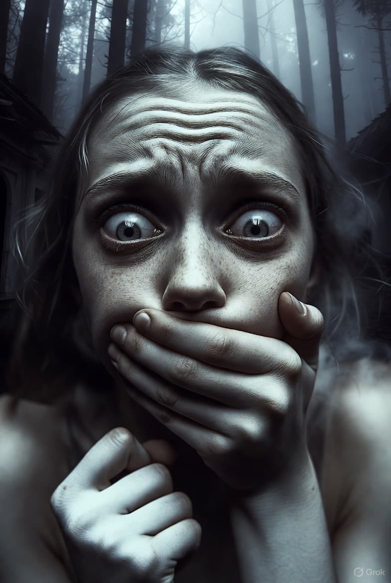 AI generated: A young girl's face contorted in intense fear. Eyebrows are pulled up and together, forming flat lin...