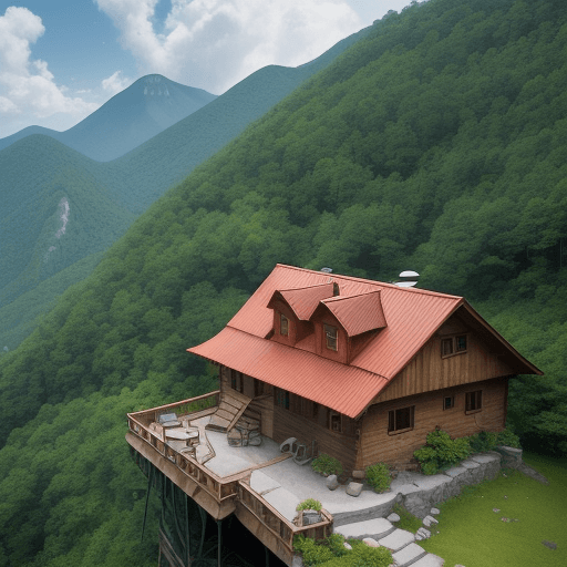 AI generated: An upper view of picturesque rustic wooden house perched on a cliff of a mountain peak, surrounded b...