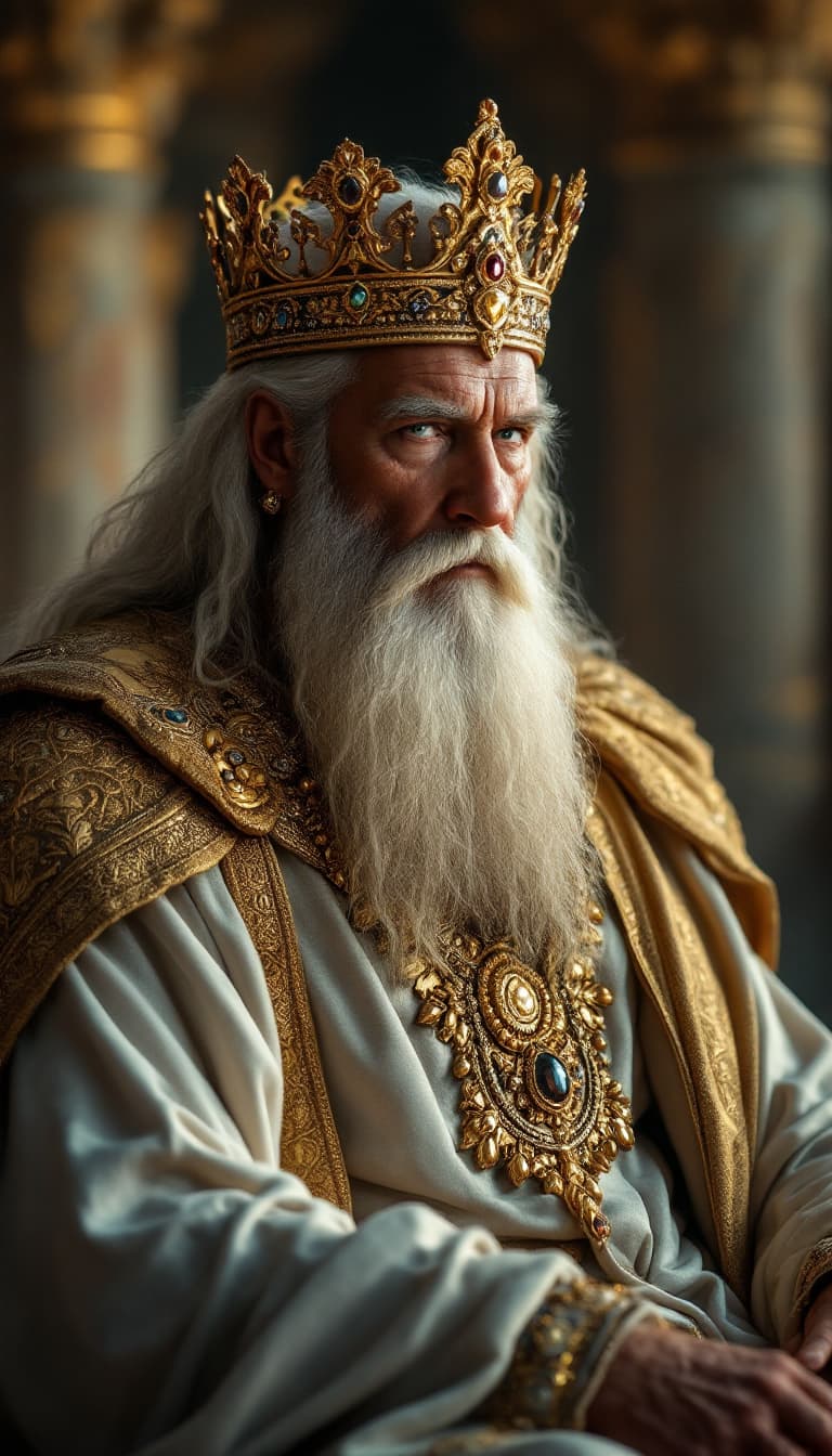 AI generated: Ancient, regal king, aged 70-80, Caucasian, wearing elaborate golden crown adorned with jewels, flow...