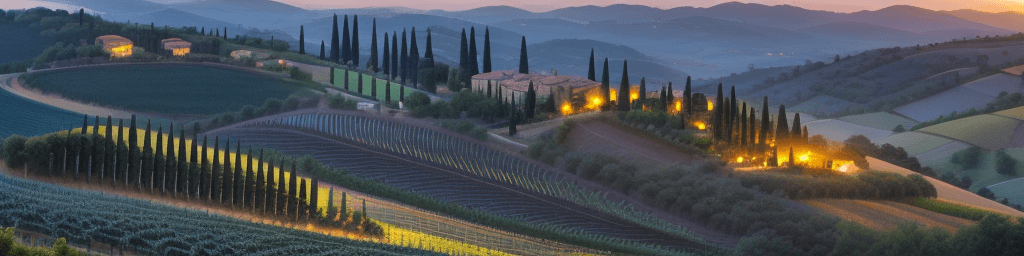 AI generated: Hyper realistic eye level hills of tuscany late in the day sunset vineyard wine  indirect lighting i...
