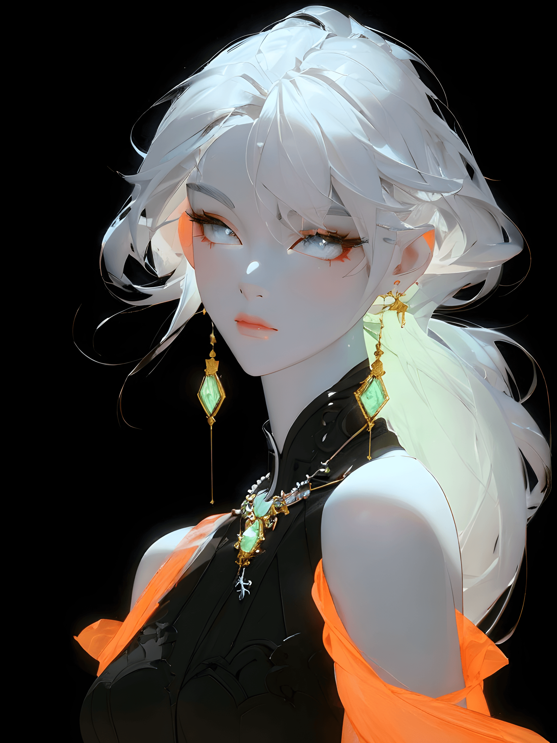 AI generated: a close up of a person wearing a necklace and earrings, by Yang J, fantasy art, glowing white face, ...