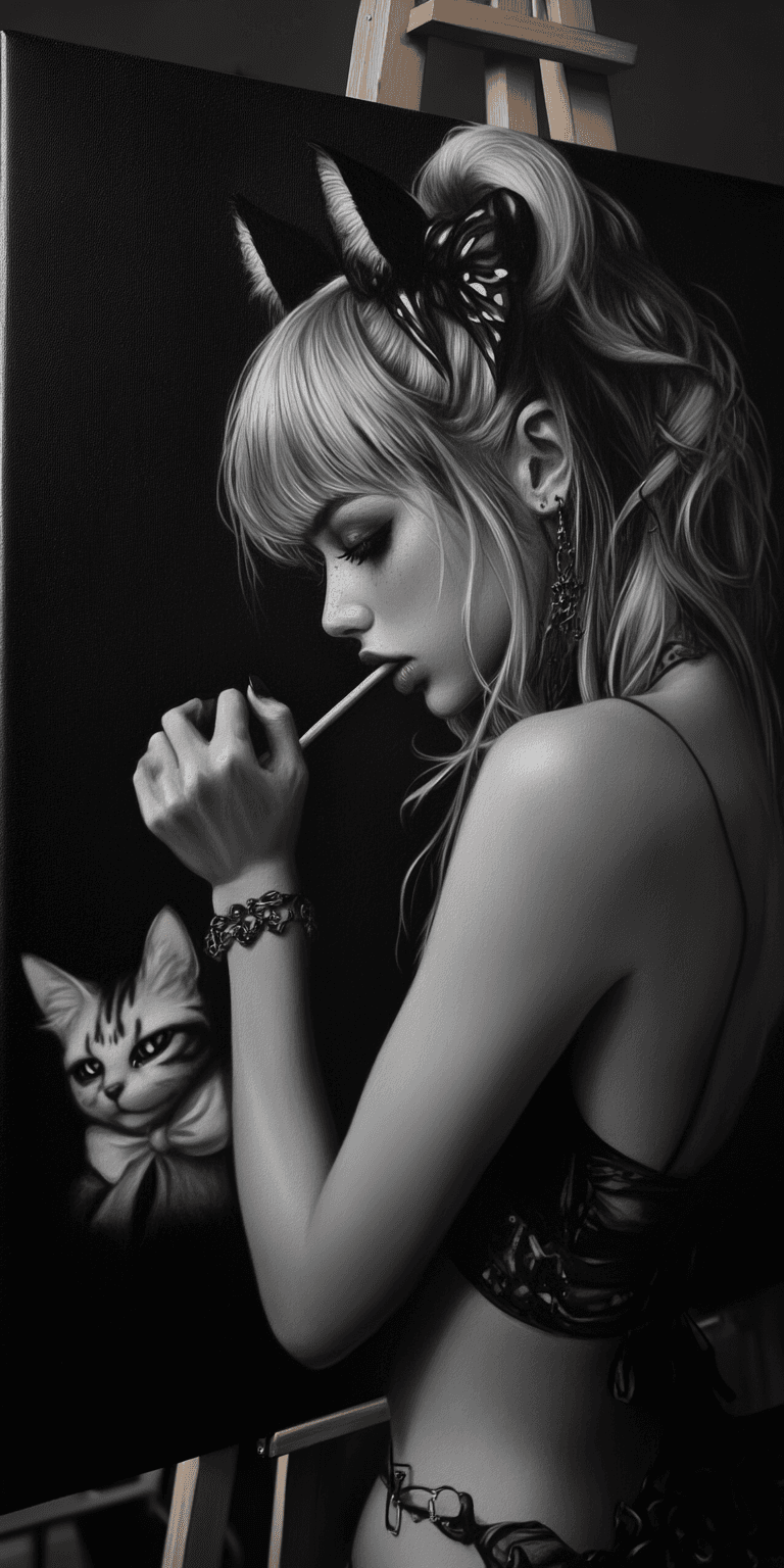 AI generated: A beautiful, blonde, demonic woman is painting a picture of her cat. She has small horns and black p...