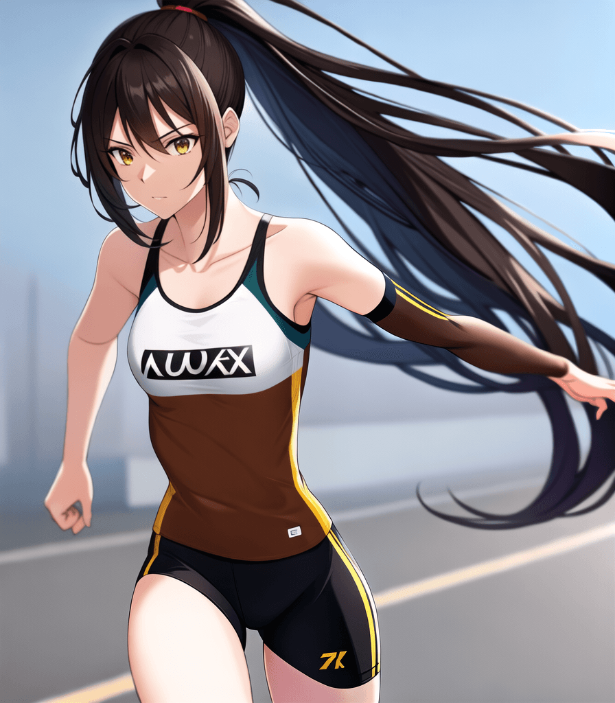 AI generated: (perfect anime illustration), 1girl, long brown hair, dark brown, outdoors, track and field, outdoor...