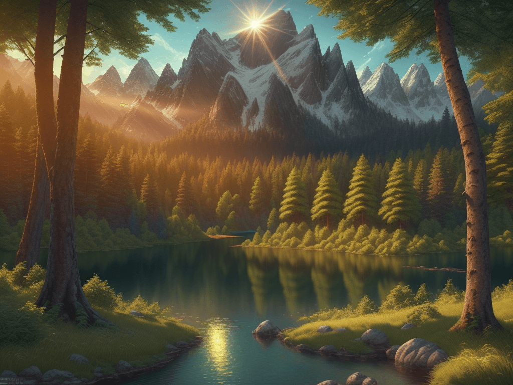 AI generated: sun shinin on a forest, hill, lake, masterpiece, best quality, high quality, extremely detailed CG u...