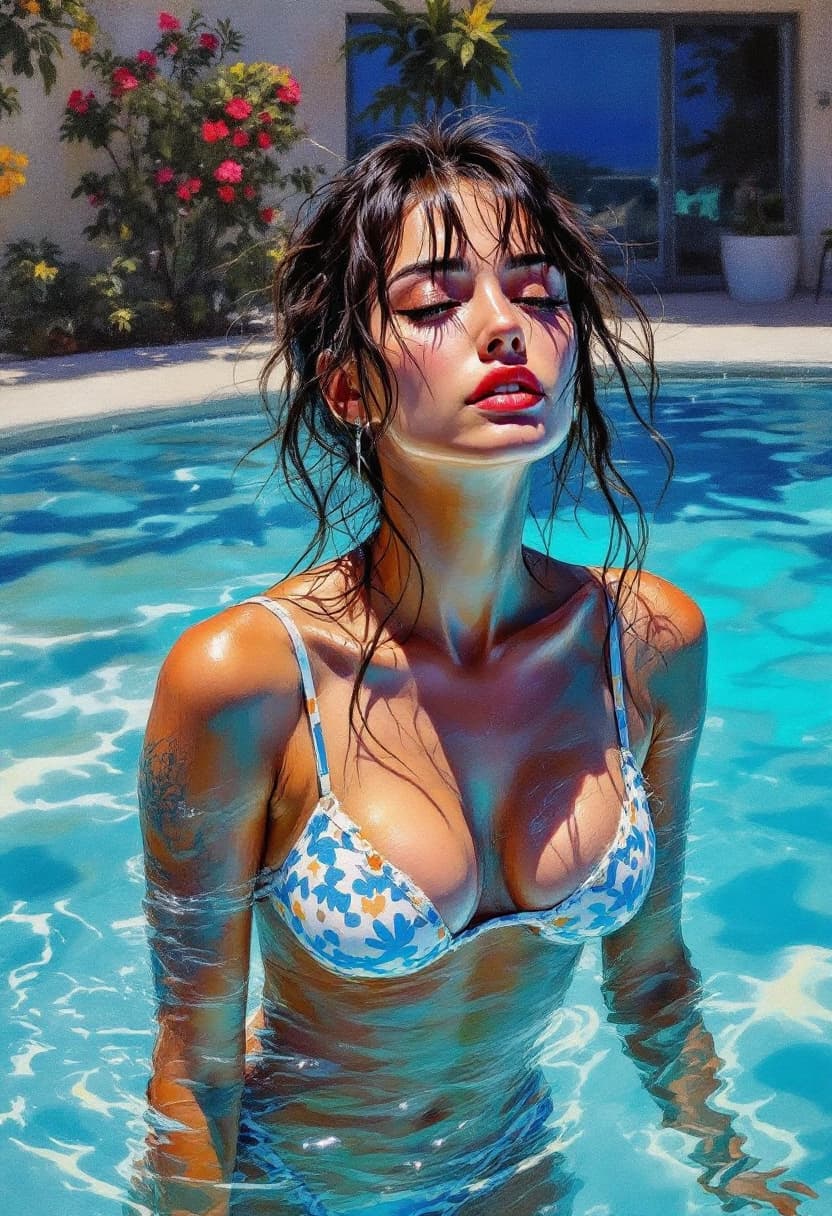 AI generated: Sketch Art, Beautiful Colored Pencil Line, Artistic Brush Strokes, Beautiful, Woman Swimming, Outdoo...
