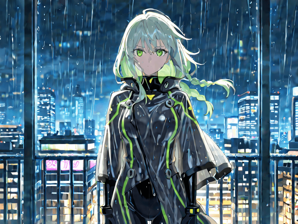 AI generated: (masterpiece), (best quality), ultra-detailed, two beautiful anime women standing on a rainy rooftop...