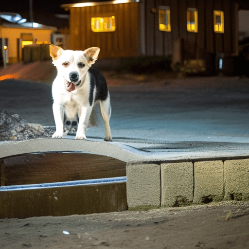 AI generated: A close-up of a dog, illuminated by the light of a fire, with a backdrop of a dirty river and a shan...