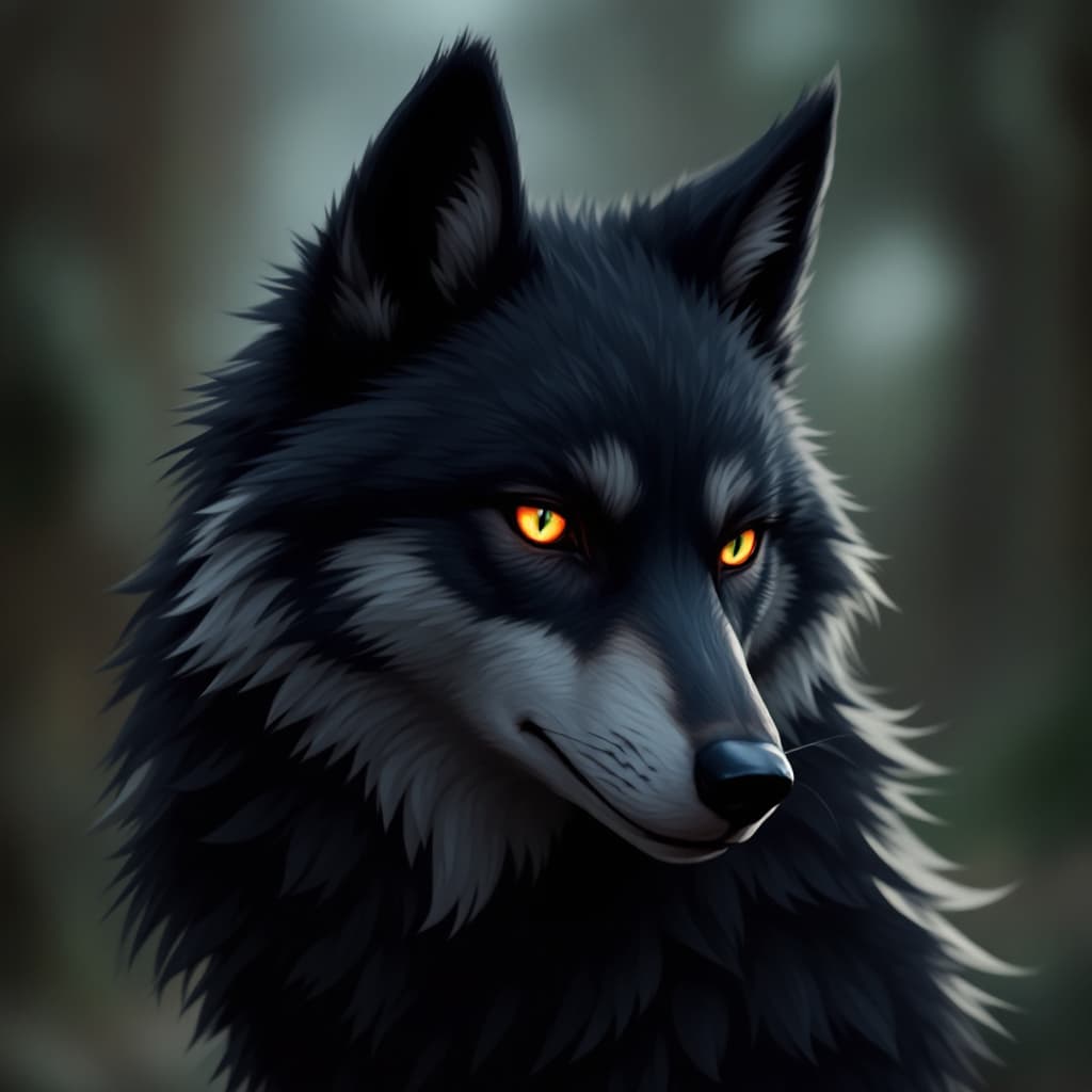AI generated: Black Wolf fursona with gray highlights. It has 2 pairs of ears. It also has 2 pairs on eyes which c...