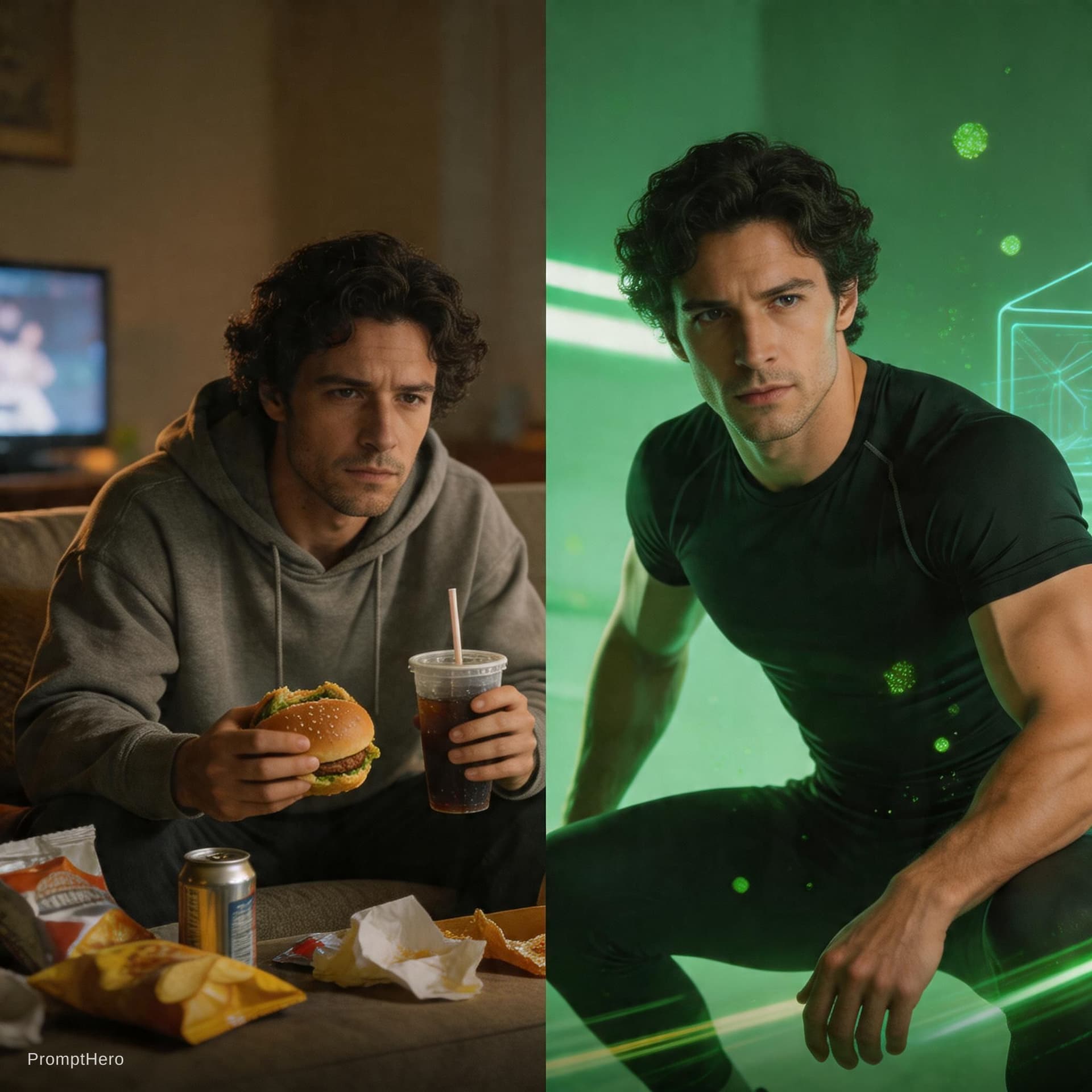 AI generated: Create a cinematic motivational fitness visual showing the SAME person in two contrasting lifestyle ...
