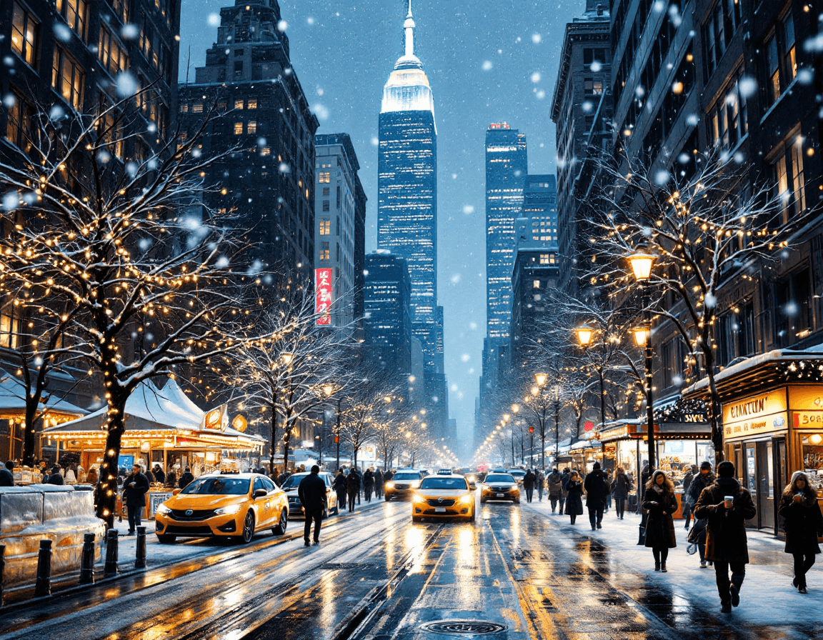 AI generated: A breathtaking winter evening in Downtown Manhattan, where the city’s towering skyline pierces a sof...