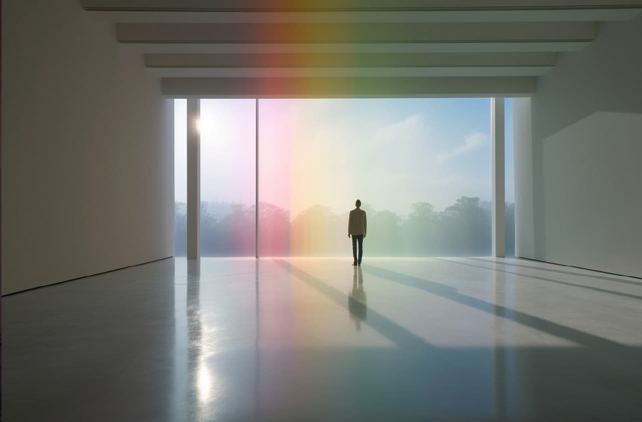 AI generated: a person that is standing in the middle of a room, jon sibal. volumetric light, by Tadao Ando, rainb...